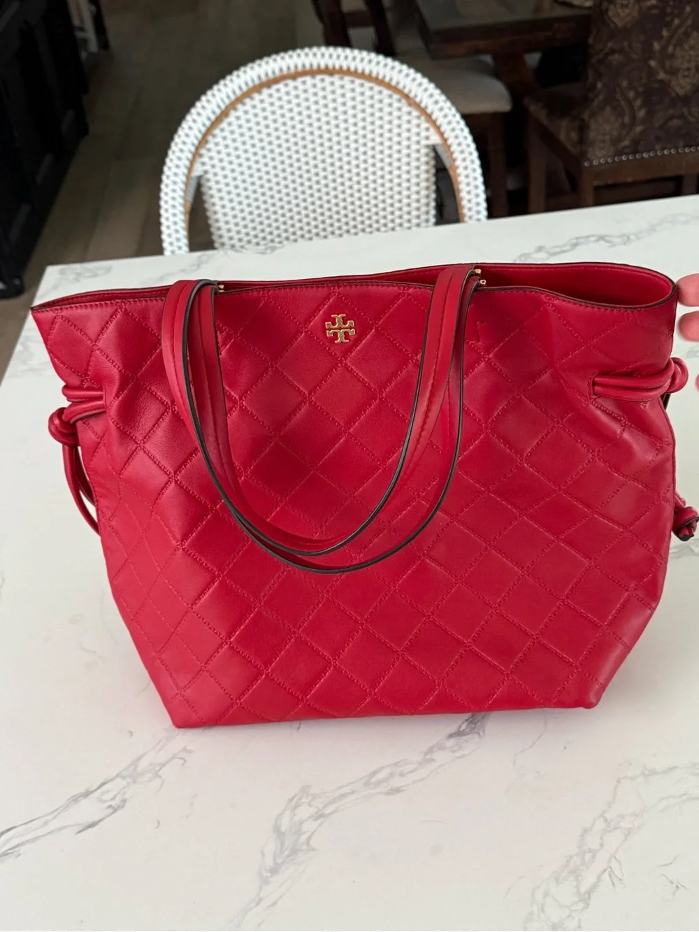 Tory Burch Georgia Slouchy Red Quilted Leather Tote with Gold Logo
